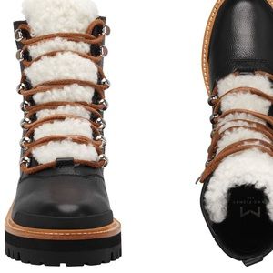 Marc Fisher Izzy black leather lace up shearling bootie